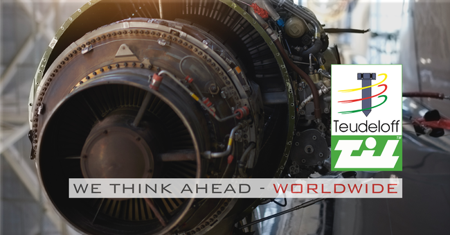 airplane engine with Teudeloff logo and slogan - we think ahead - worldwide