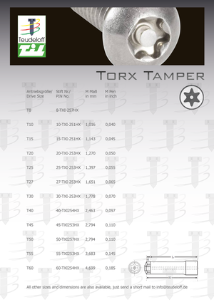 Tamper Torx Maßdatenblatt